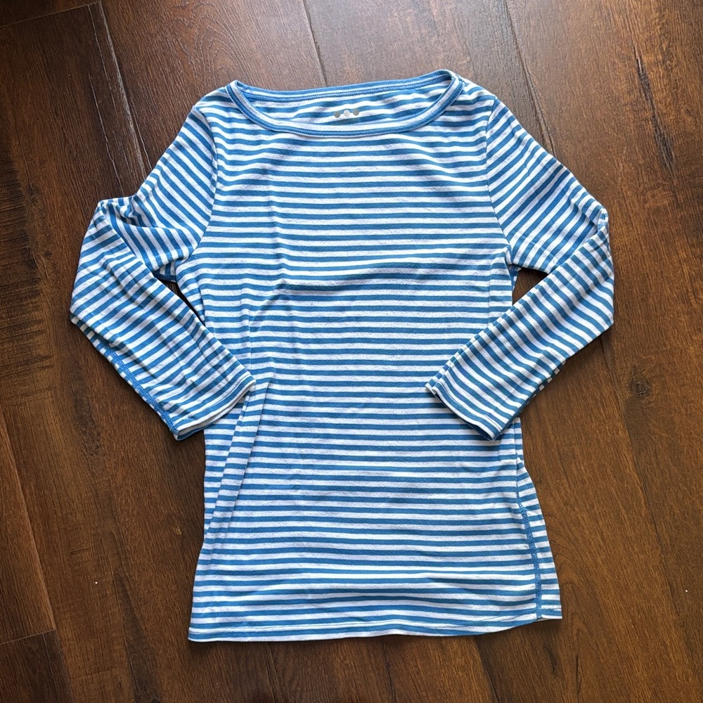 Three Dots cotton blend Blue and White Striped Women’s Boatneck Top 3/4 sleeve